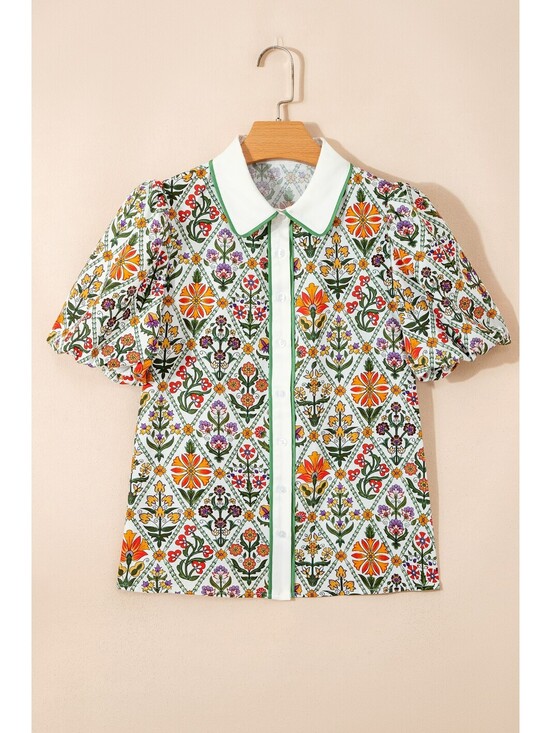 Tops - Vintage Style Floral Pattern Button-Up Shirt with Puff Sleeves